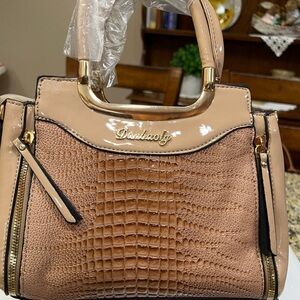 Tan Crocodile Embossed Satchel with Metallic Accents